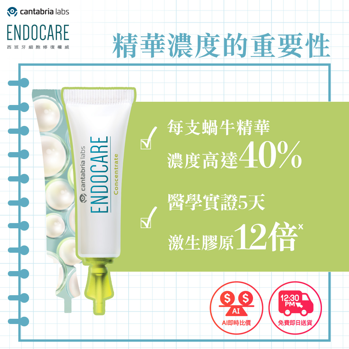 專利SCA®活肌修復因子功效  - 5天激活膠原12倍  - 抗氧修復力比維他命E強效6倍  - 撃退皺紋30%  - 緊緻度提升11%  - 鎖水量增加11%  - 修復速度加快25%